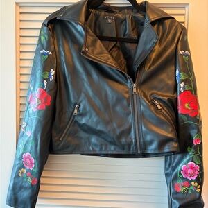 Faux Leather Jacket with Floral Accents